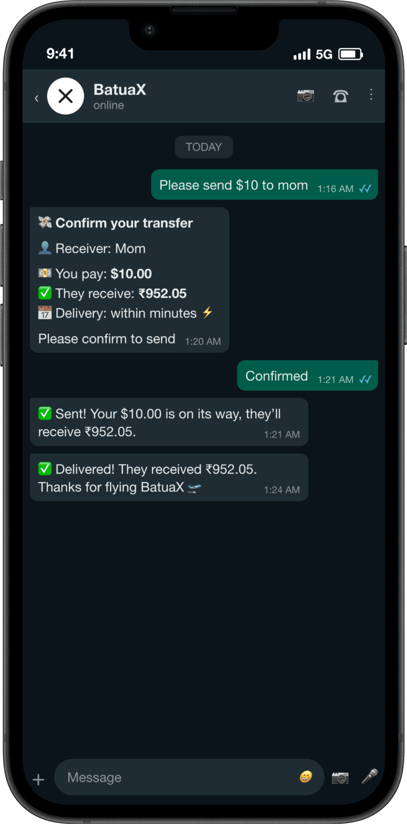Sending money to family on WhatsApp with BatuaX
